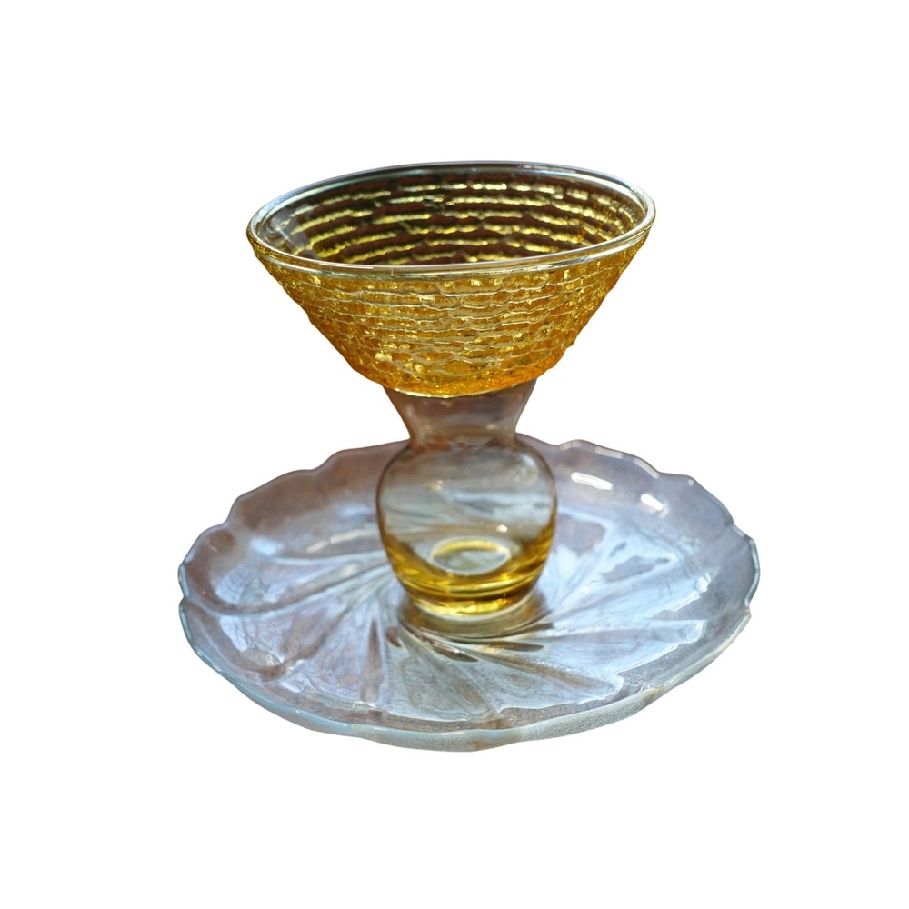 Arcoroc France Amber Textured Glass Shrimp Cocktail Caviar Server Vintage 2pc